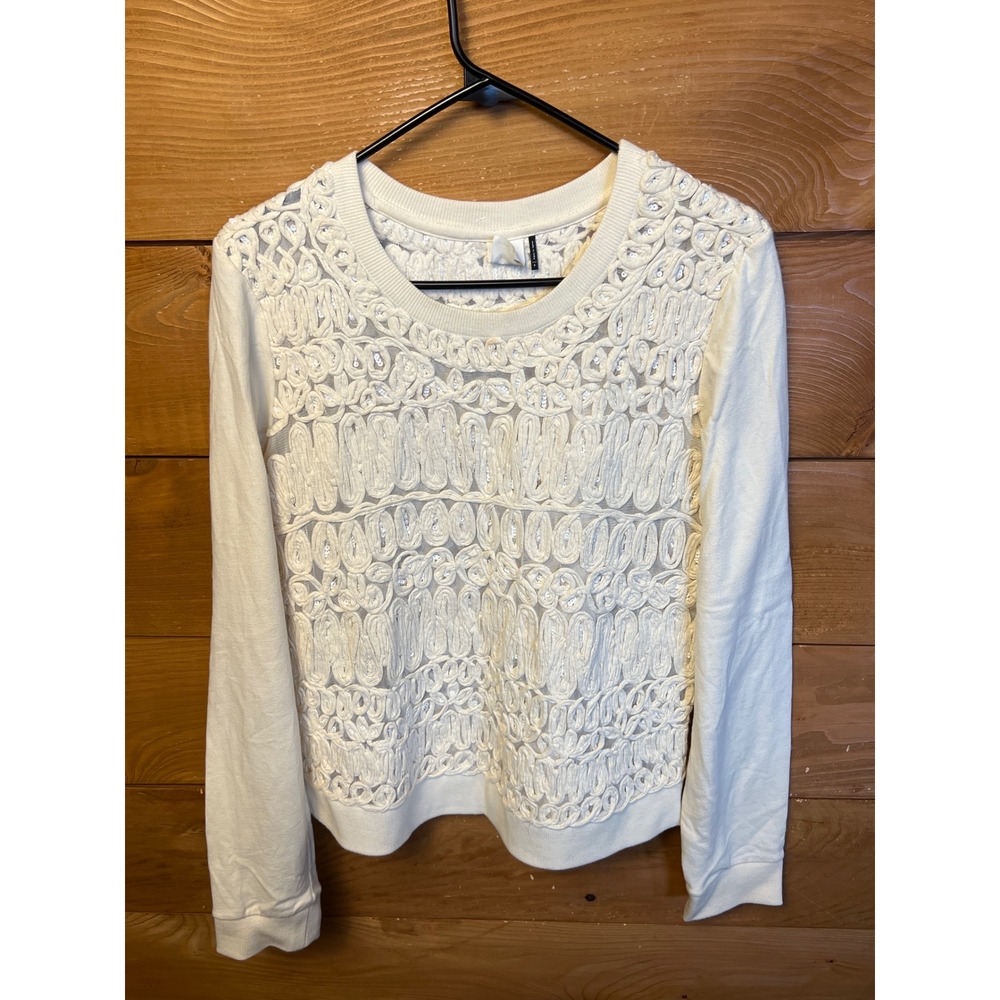 Akemi + Kin White Lace Overlay Sweatshirt Crew Neck Long‎ Sleeve Textured Small